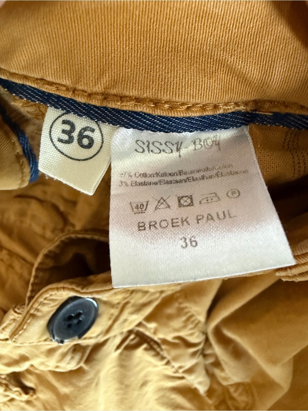 Sissy-Boy Men’s Mustard Chino Pants 36x32 Stretch Cotton - Picture 6 of 6